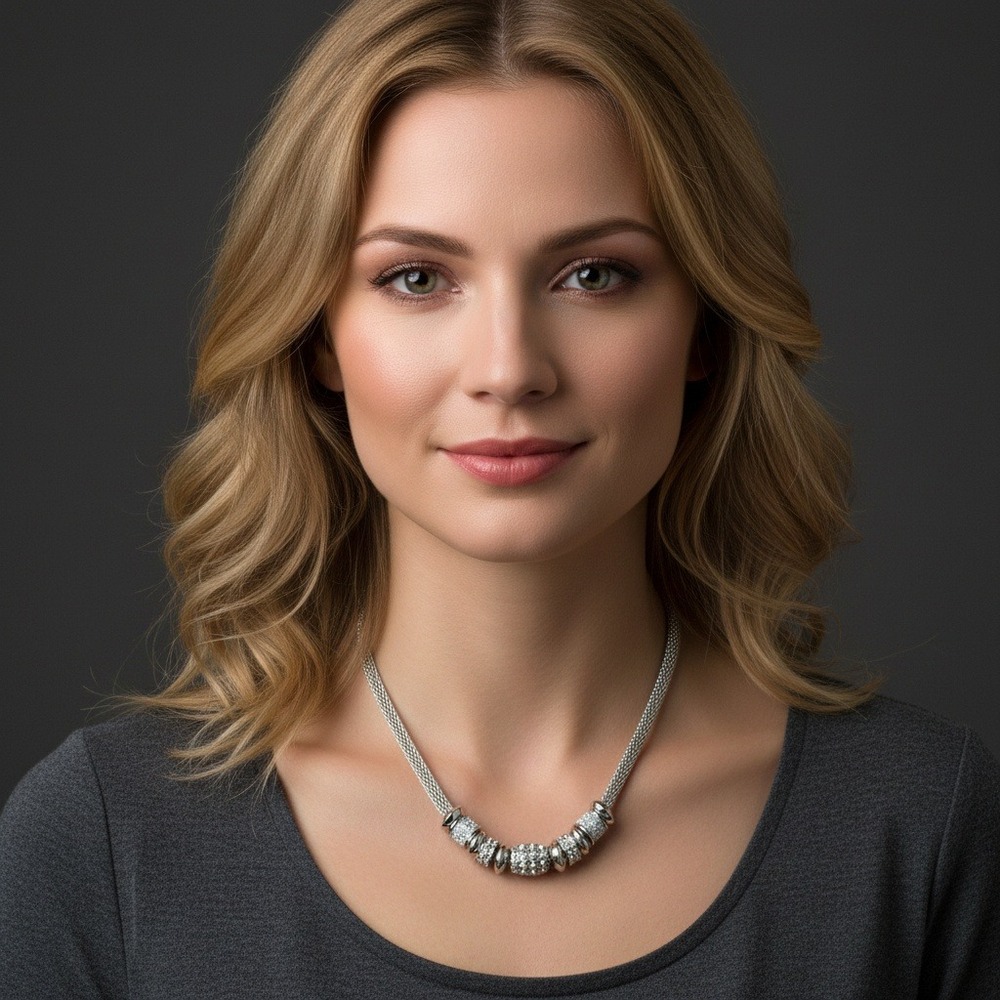 Catherines Silver Tone Mesh Chain Necklace Pave Rhinestone Rondelle Beads